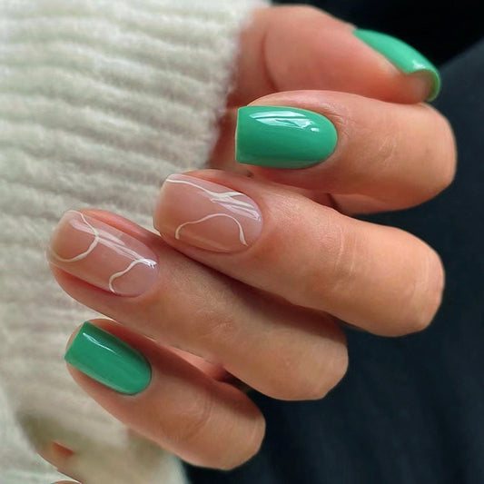 Make New Friends Short Square Green Marble Press On Nails