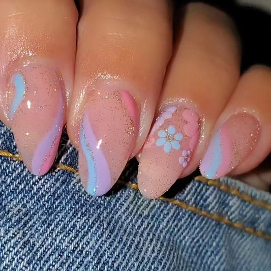 Change Of Scenery Medium Oval Beige Glitter Press On Nails