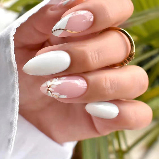 White Lotus Medium Almond White Floral Press On Nails
