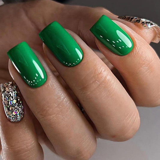 Lucky Day Medium Square Green Glossy Press On Nails