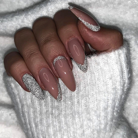 Custom Glam Long Almond Silver Glitter Press On Nails