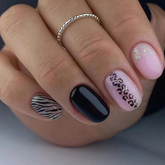 Zoo Keeper Short Squoval Black Animal Pattern Press On Nails