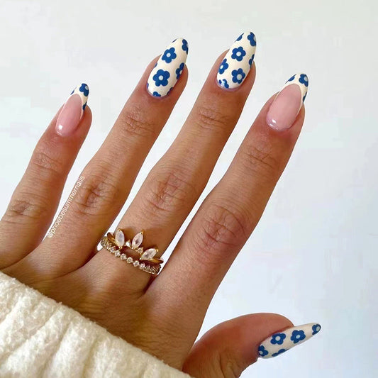 Cute Notes Medium Oval Blue Floral Press On Nails