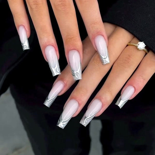 Slow Movements Long Coffin Silver Bold Press On Nails
