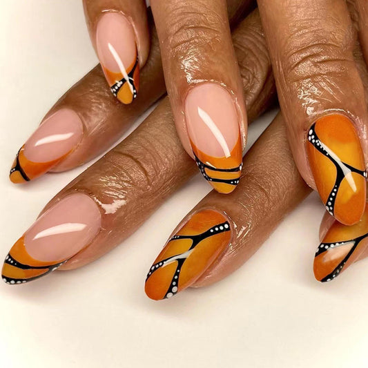 The Monarch Medium Oval Orange Glossy Press On Nails