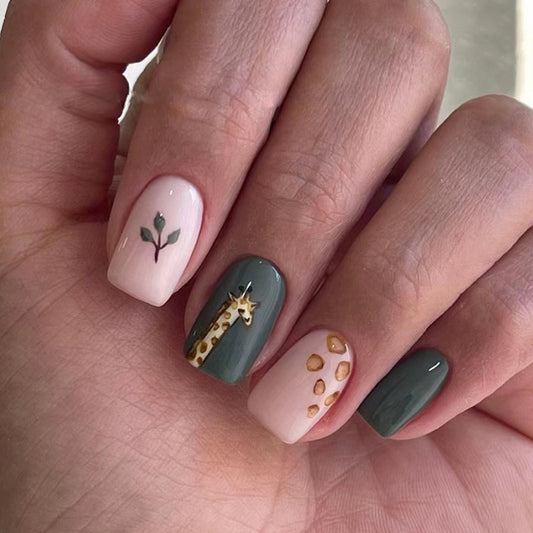 Safari Sighting Short Square Green Animal Press On Nails