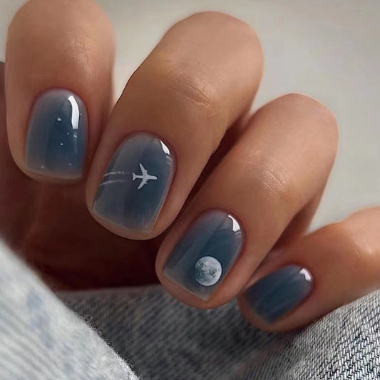 Fly Me To The Moon Short Square Blue Glossy Press On Nails