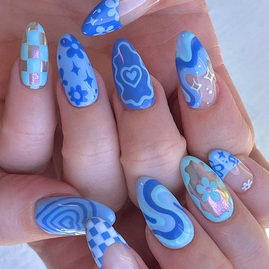Woodstock Medium Oval Blue Groovy Press On Nails