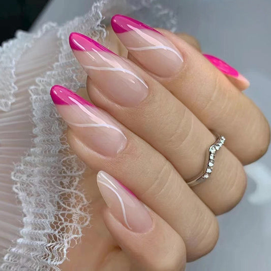 Hot Roller Long Almond Pink French Tips Press On Nails