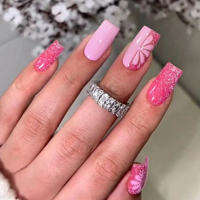 Listen To The Wig Long Square Pink Glitter Press On Nails