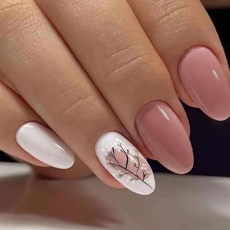 Blossoming Short Oval White Spring Press On Nails