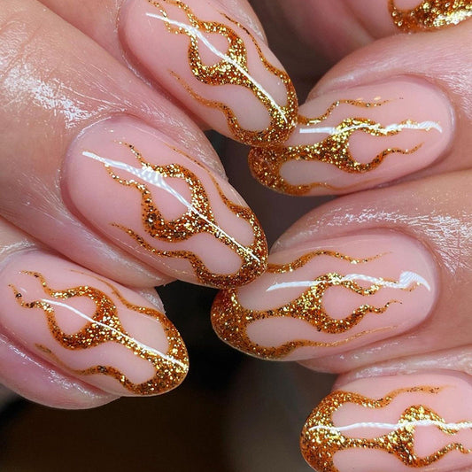 Flames Of Fortune Short Oval Gold Glitter Press On Nails