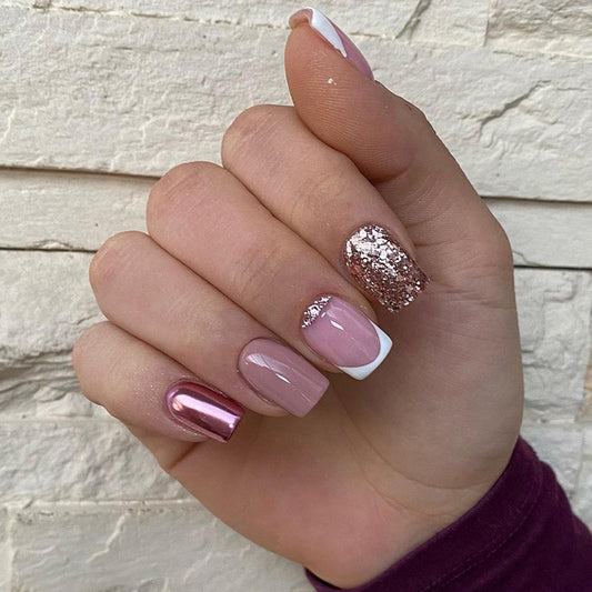 Not Interested Short Square Pink Glitter Press On Nails