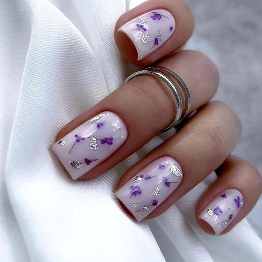 Floating Down Short Square Purple Floral Press On Nails
