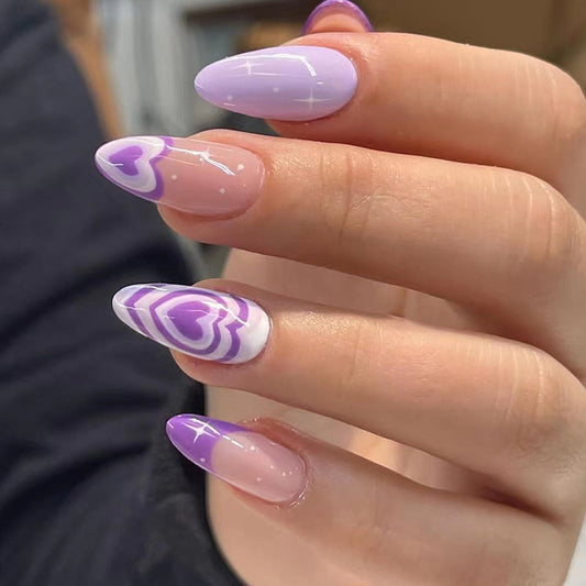 Unreal Medium Almond Purple Hearts Press On Nails