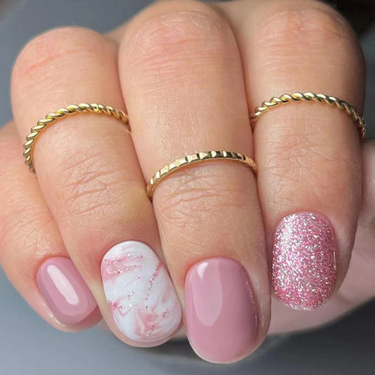 Parisian River Short Round Pink Marble Press On Nails
