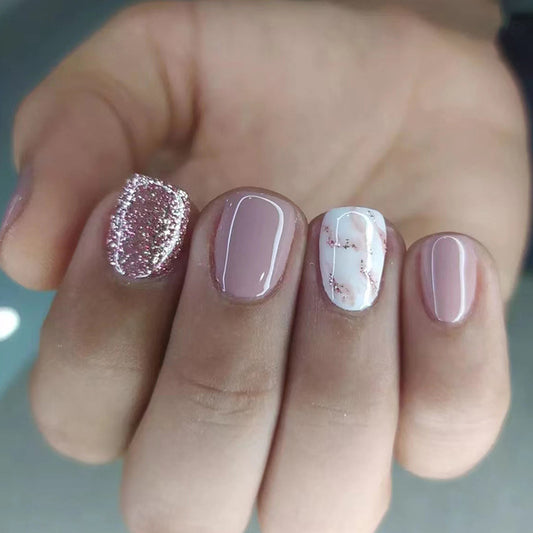 Viennese Short Squoval Pink Marble Press On Nails
