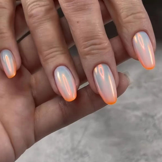 Holographic Peaches Medium Oval Silver Glossy Press On Nails