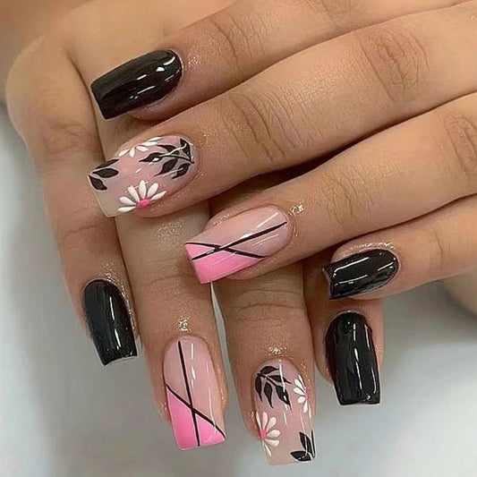 Cards In The Park Medium Square Pink Geometric Press On Nails