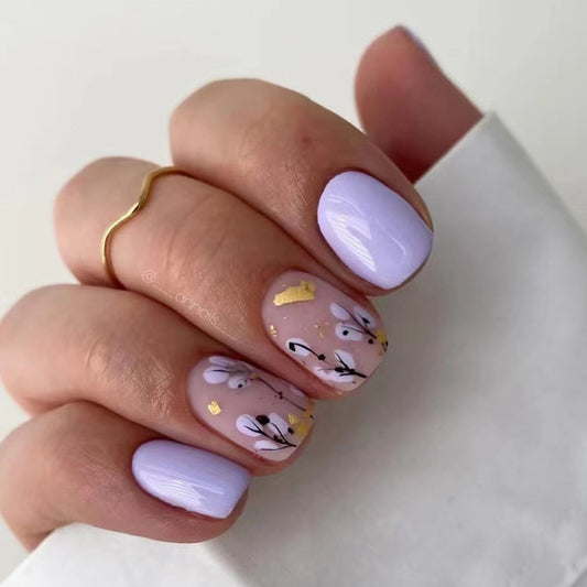 Floating Short Squoval Purple Floral Press On Nails