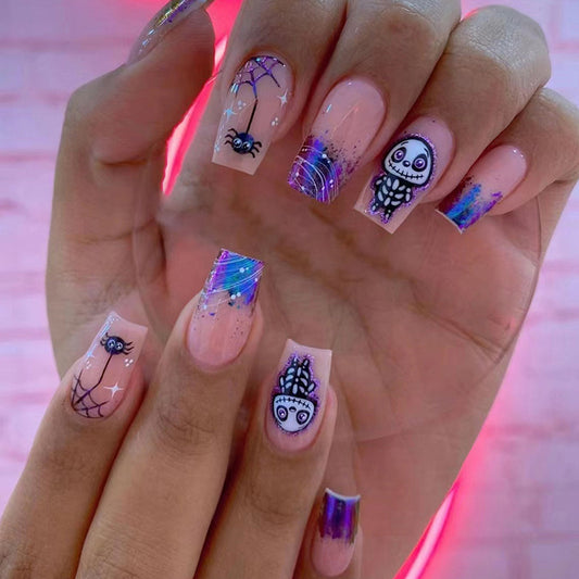 Baby Skeleton Medium Square Black Halloween Press On Nails