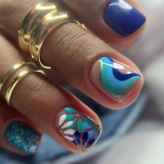 Big Island Wave Short Squoval Blue Groovy Press On Nails