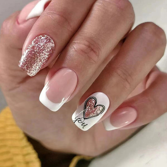 Heart You Medium Squoval Pink Glitter Press On Nails