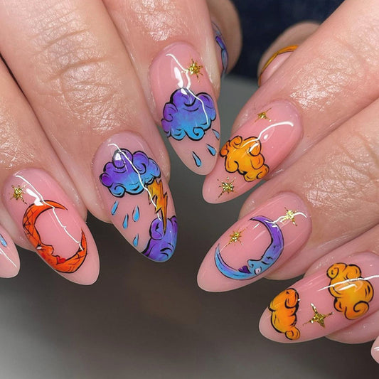 Moon And Clouds Medium Oval Multicolor Cartoon Press On Nails