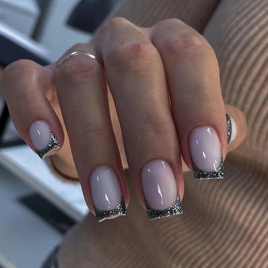 Lining The Path Medium Square Silver Glitter Press On Nails