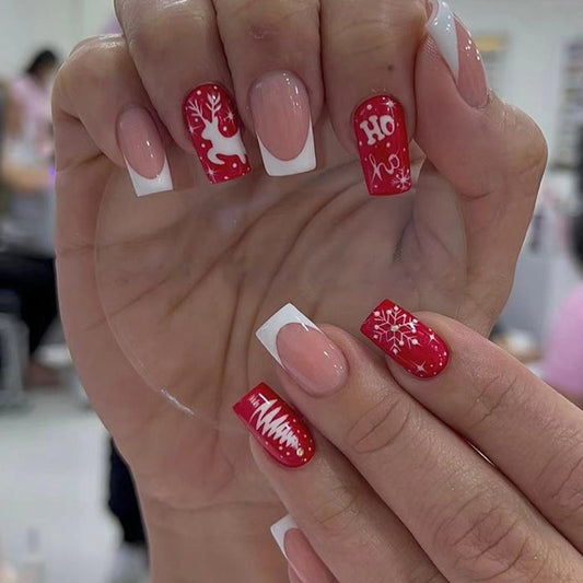 Reindeer Happiness Medium Square Red Winter Press On Nails
