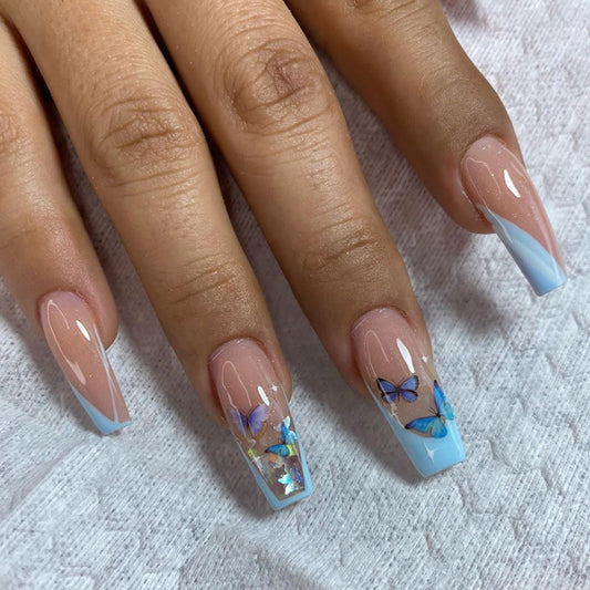 Butterfly Atrium Long Coffin Blue French Tips Press On Nails