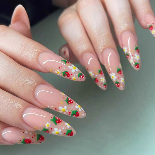 Strawberry Fields Long Oval Red Cute Press On Nails