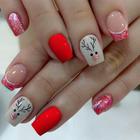 Glitter Rudolph Short Square Red Winter Press On Nails