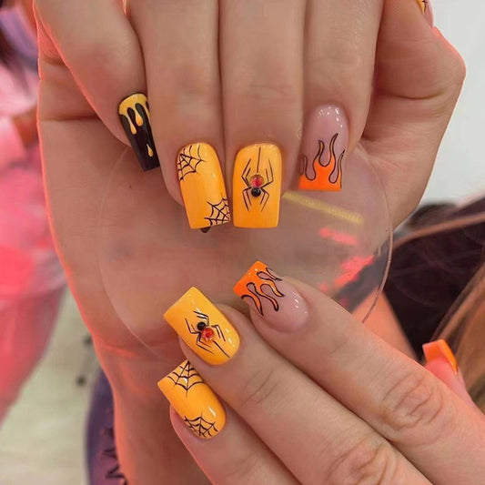 Fire Spider Medium Square Yellow Halloween Press On Nails