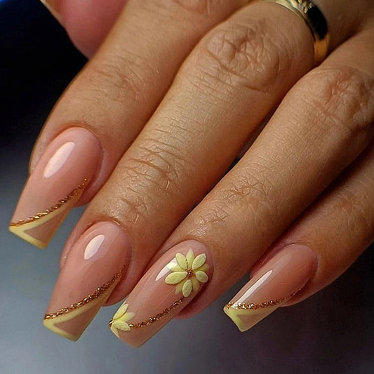 Sunshine Rays Long Coffin Yellow Summer Press On Nails
