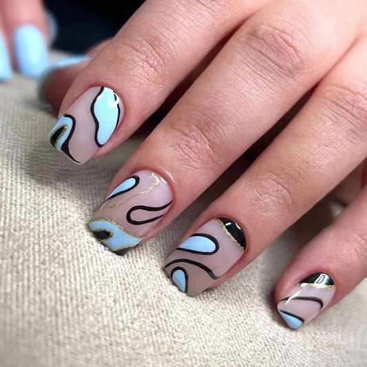 Money Honey Short Square Blue Groovy Press On Nails