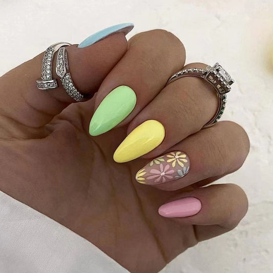 Breezy Short Almond Multicolor Summer Press On Nails
