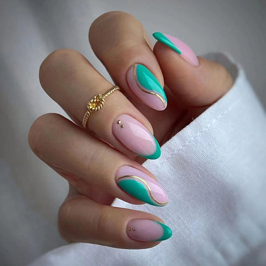 Gold Contour Medium Oval Green Marble Press On Nails