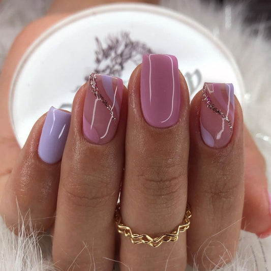 The Power Medium Square Pink Marble Press On Nails