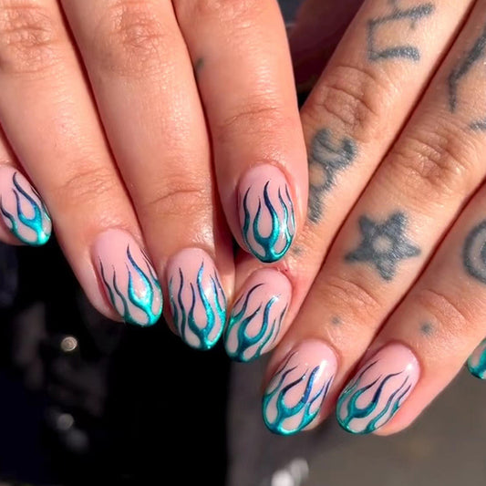 Most Talented Medium Round Blue Flames Press On Nails