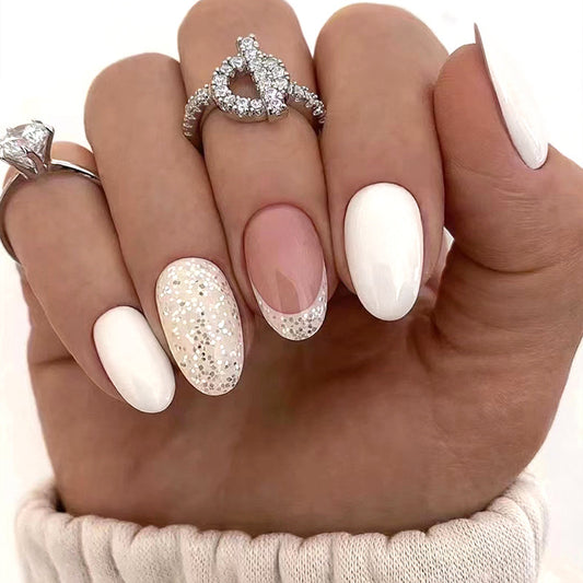 Like A Prayer Medium Round White Glitter Press On Nails