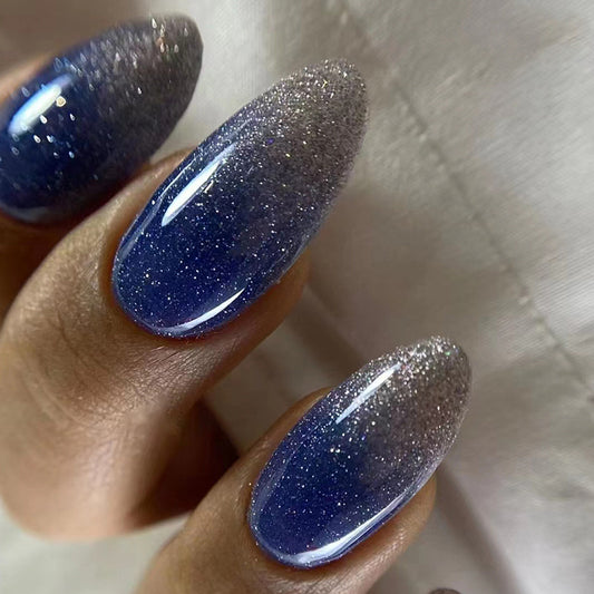 Off And On Long Oval Blue Glitter Press On Nails