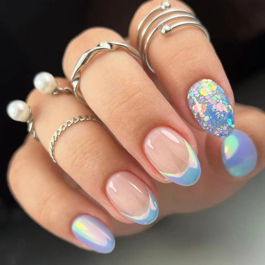 Perfectly Positioned Medium Round Blue Glossy Press On Nails