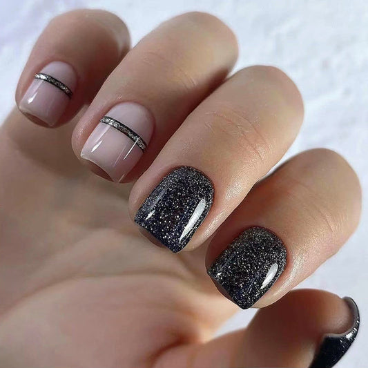 Show Off Short Square Black Glitter Press On Nails