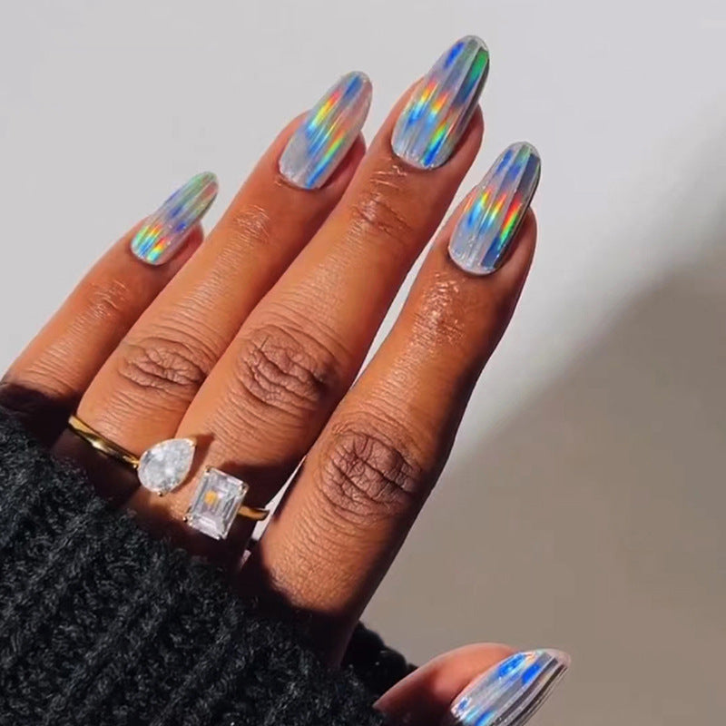 Iridescent Number Medium Oval Multicolor Glossy Press On Nails