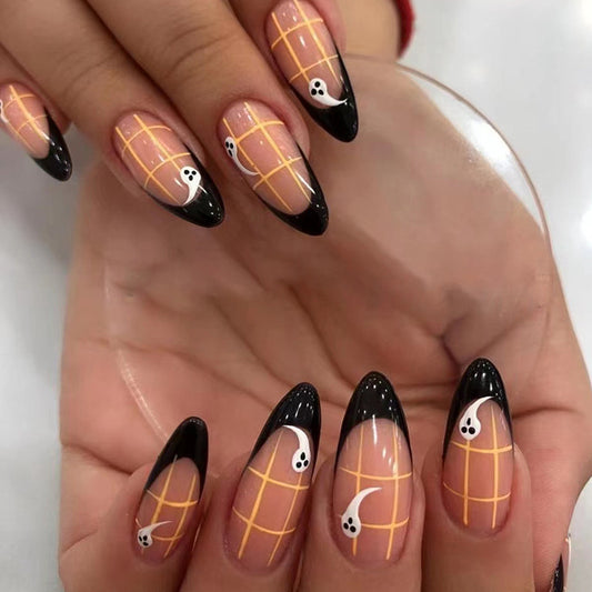 Ghosted Medium Almond Black Halloween Press On Nails