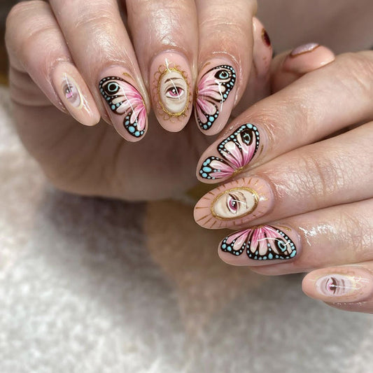 Painted Reflection Medium Oval Multicolor Butterfly Press On Nails
