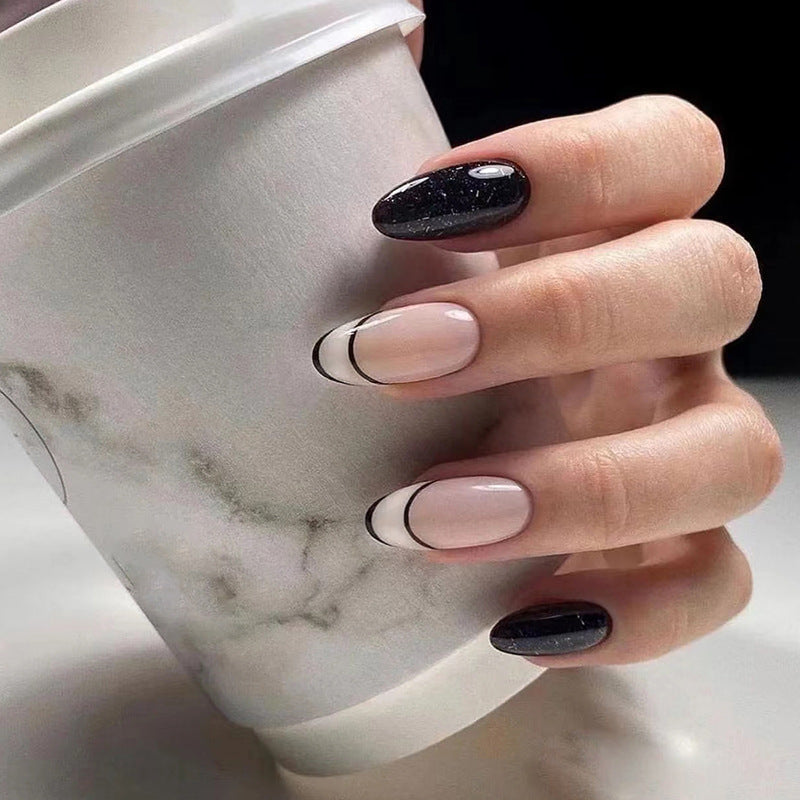 Perfection Medium Oval Black French Tips Press On Nails