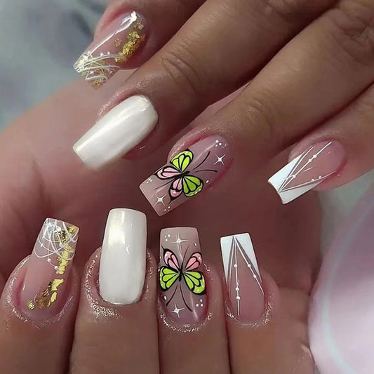 Made It Medium Square White Butterfly Press On Nails
