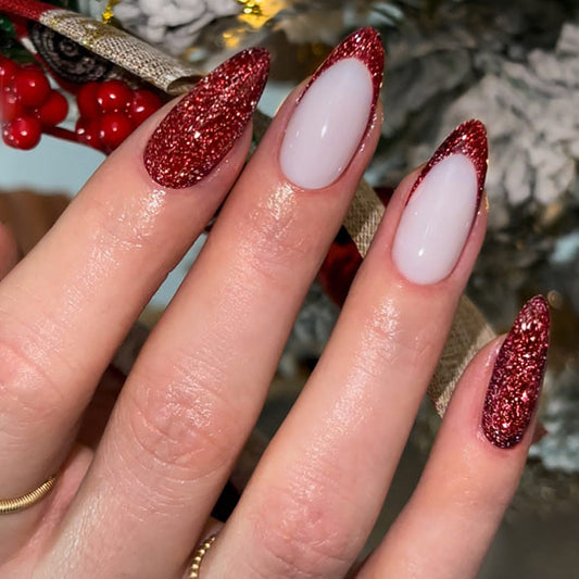 Serve Medium Almond Red Glitter Press On Nails